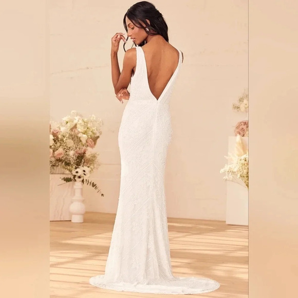 Lulus The Sweetest Vows White Beaded Sequin Mermaid Maxi Dress Wedding Bridal - Picture 5 of 14